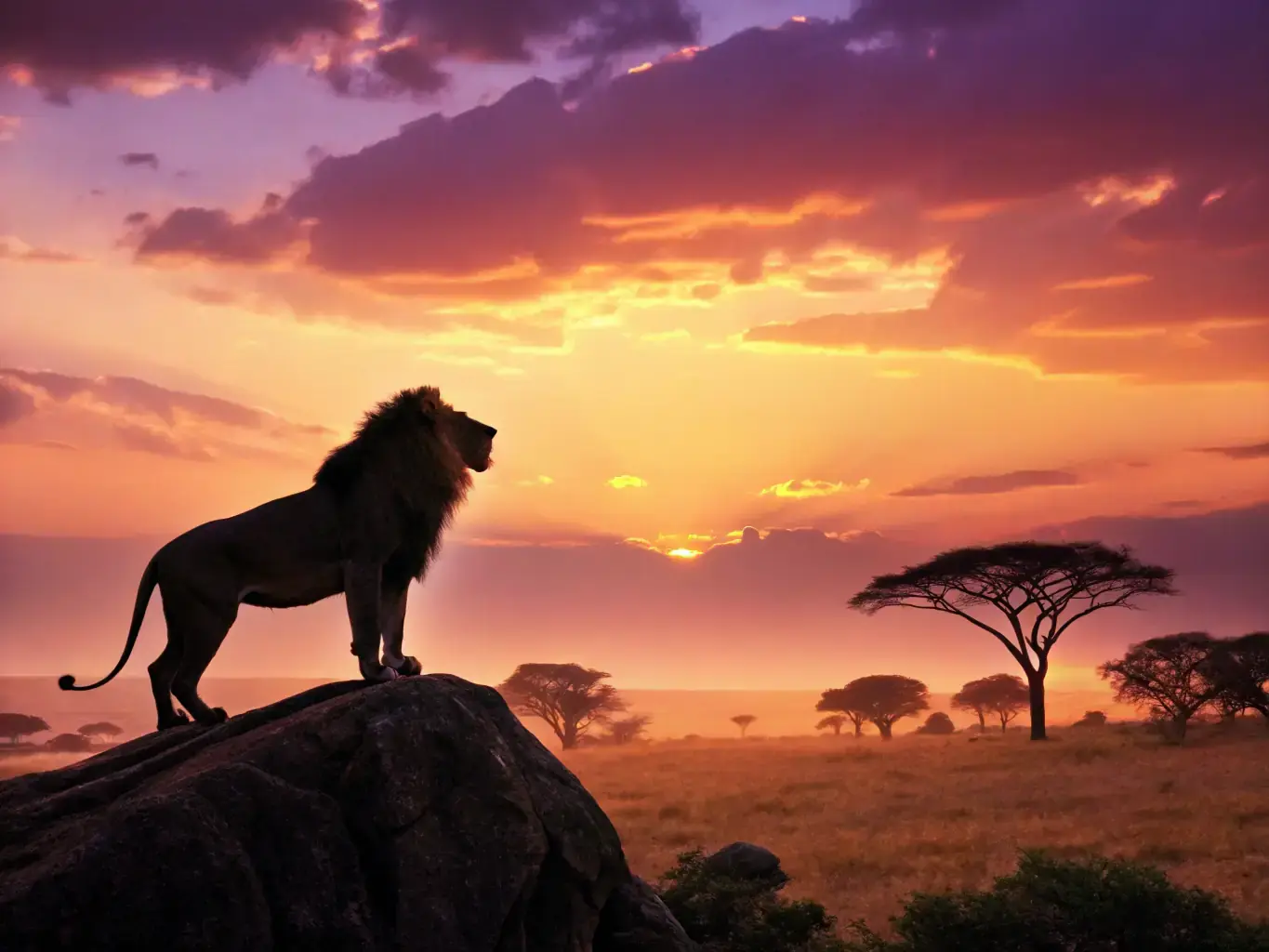 A digital painting of a majestic lion confidently leading its pride across a savanna at sunrise, symbolizing courage and leadership within the TribeQuest Lion Tribe.