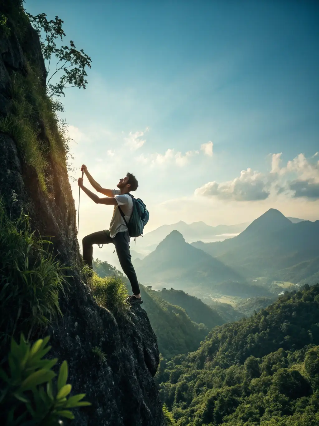 An inspiring image of a person overcoming obstacles with the help of animal guides, showcasing personal growth and transformation.