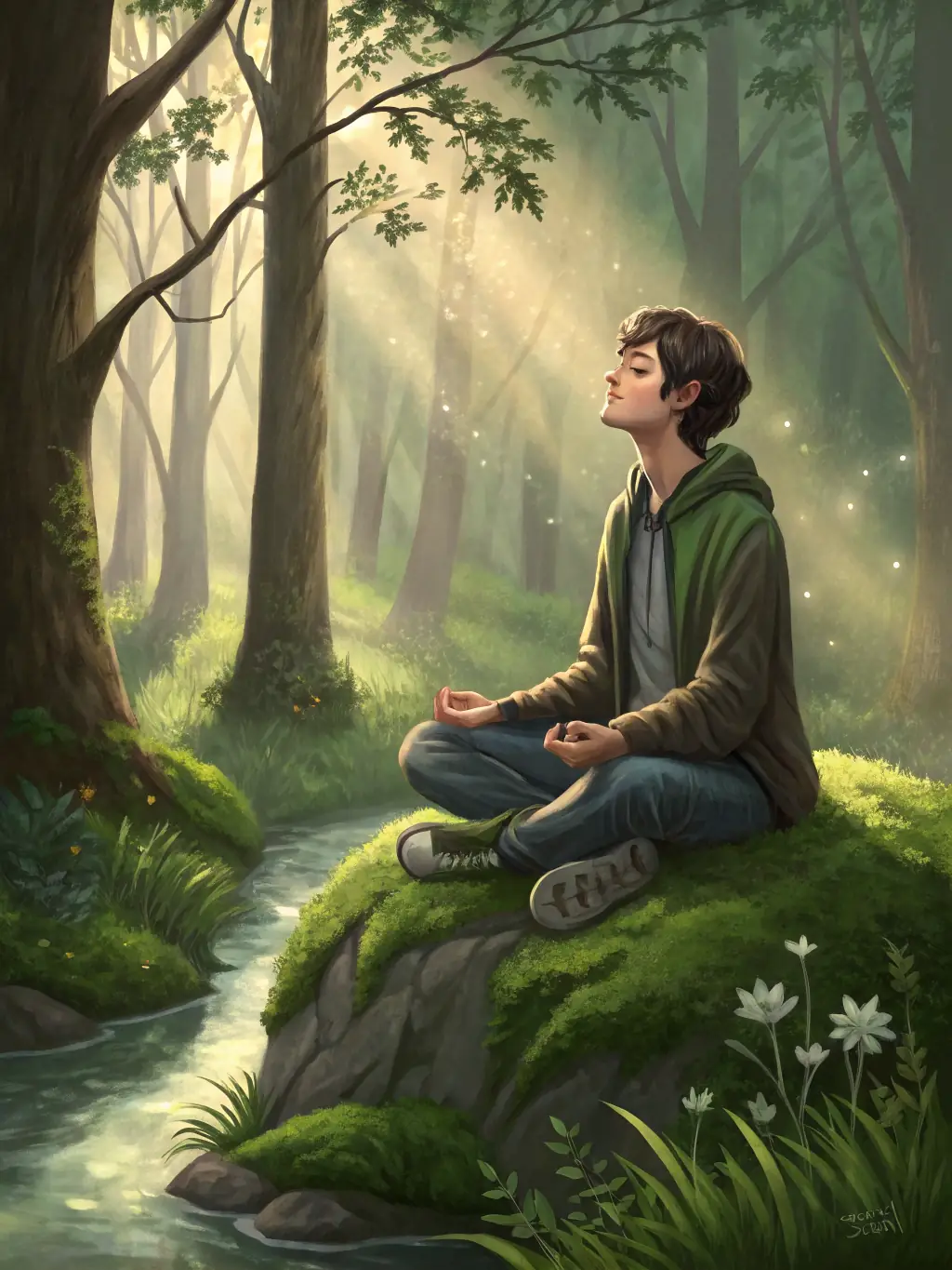 A serene image of a person meditating in a forest clearing, bathed in soft sunlight, representing inner peace and spiritual growth.