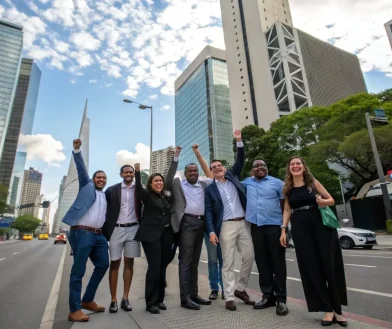 A photograph of a diverse group of people standing together in solidarity, with a lion emblem subtly incorporated, symbolizing the strong community bond within the TribeQuest Lion Tribe.